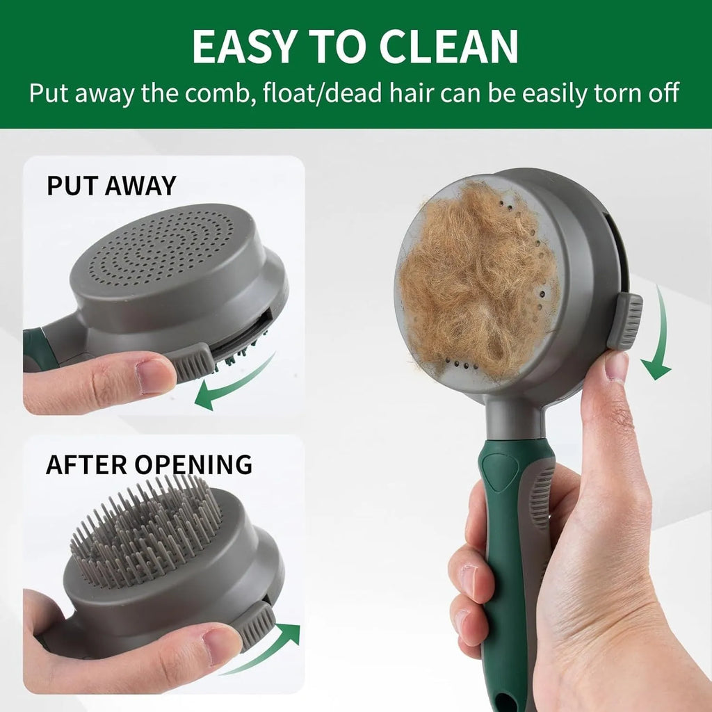 Green and pink 2-in-1 silicone cat hair brush with retractable slicker and massage pins for pet grooming