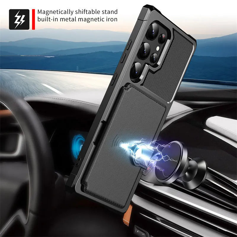 Plug-in drop-resistant car phone case for Samsung, flip style, black TPE with card slot