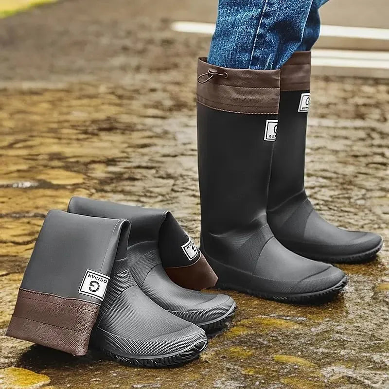 Unisex rain boots in black brown gray green with plastic upper, flat heel, round toe and leather stitching