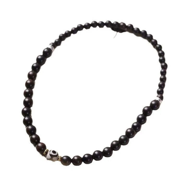 Ebony wood bracelet with 8mm beads in two-circle pattern, retro Tibetan design