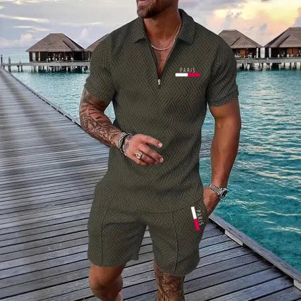 Men's casual retro plaid beach suit set with Paris heat transfer patch short sleeve T-shirt and shorts in multiple colours