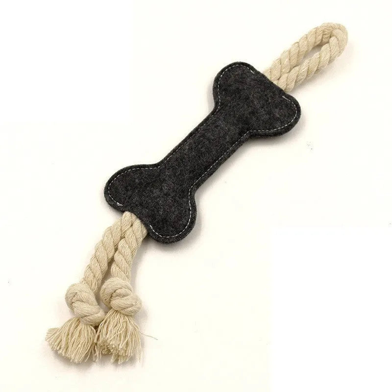 Felt bone shaped dog toy with rope knots in blue colour showing dimensions