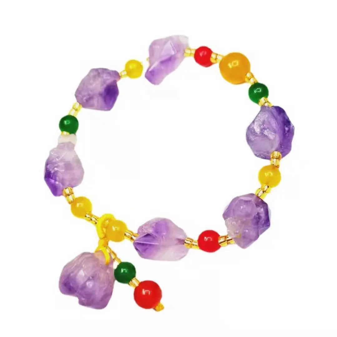 Natural-shaped amethyst bead bracelet with engraved fu character for women's jewellery