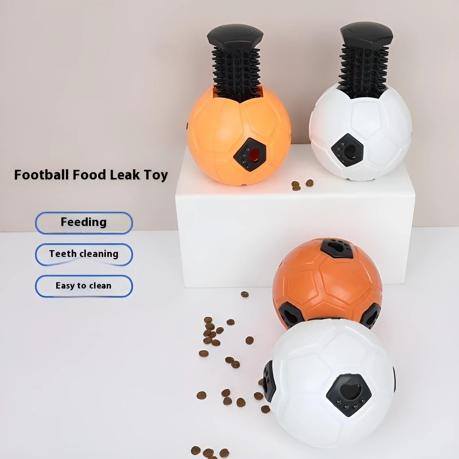 Orange and white TPR dog toy ball showing hollow style and teeth cleaning stick design options
