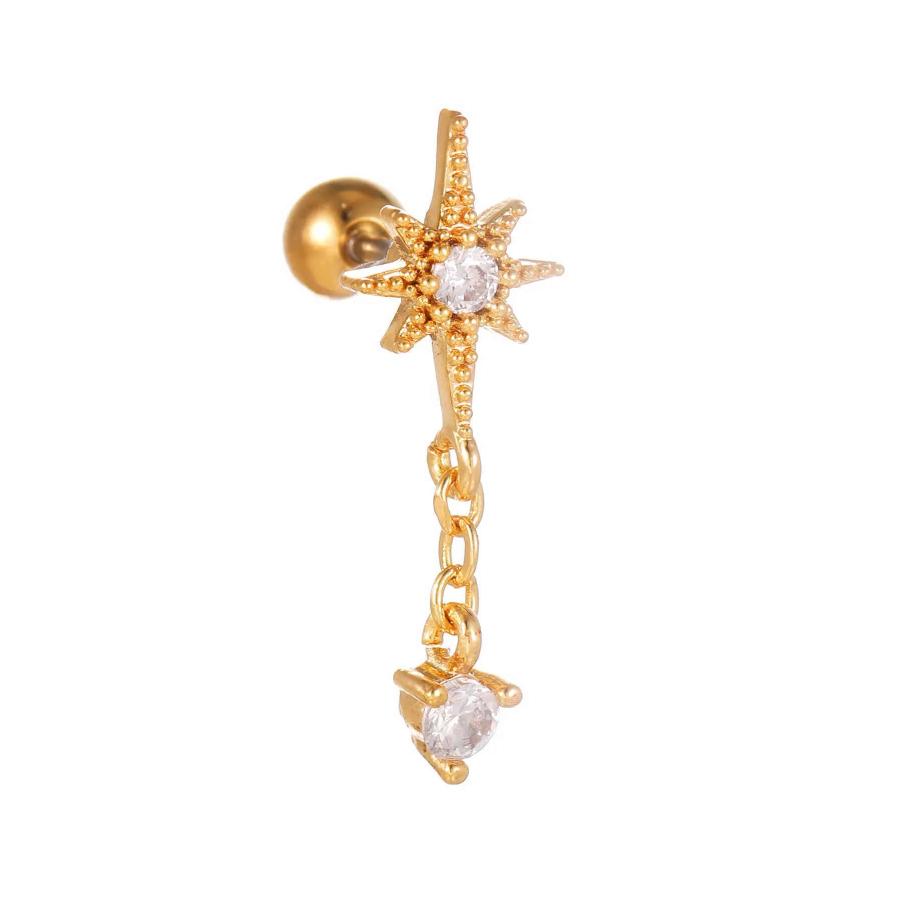 Star moon cubic zirconia pendant cartilage earring chain hoop in copper with gold finish