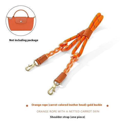 Braided nylon rope shoulder strap with cowhide leather accents and an alloy buckle.