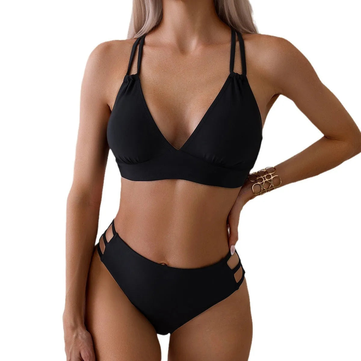 Women's black V-neck halter bikini top with split shorts on a mannequin.
