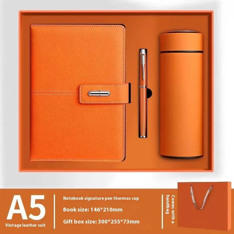 A5 notebook with PU leather cover in choice of colour, shown open on wood-free paper pages.