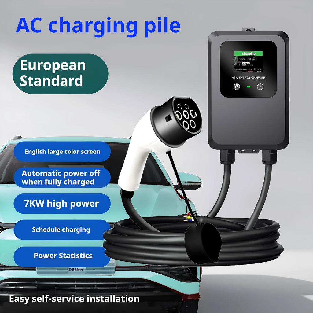 7KW AC EV charging pile with European standard gun head, colour screen or LED options, 3 M to 10 M cable