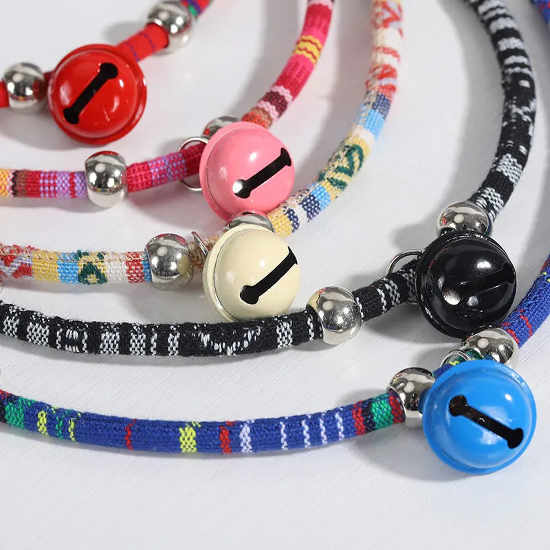 Ethnic pattern adjustable pet collar with bell in multiple colour options for dogs and cats