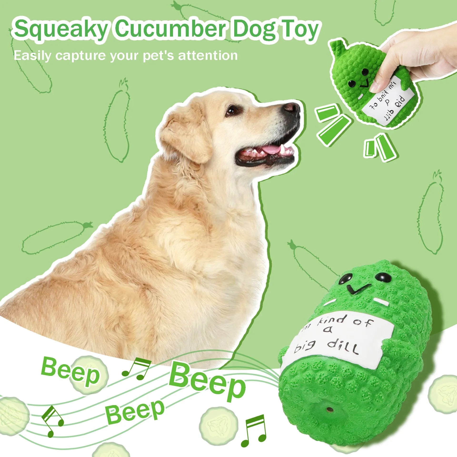 Green latex pickle-shaped dog squeaky toy with bumpy texture.