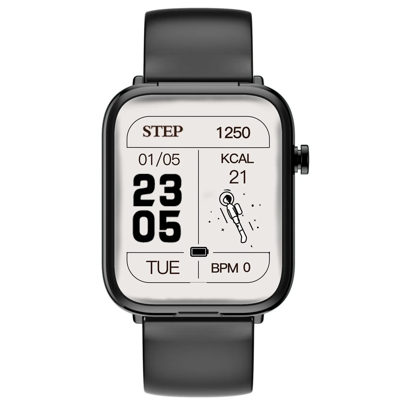 Black smartwatch with detachable wireless earbuds on a 1.69-inch touchscreen display.