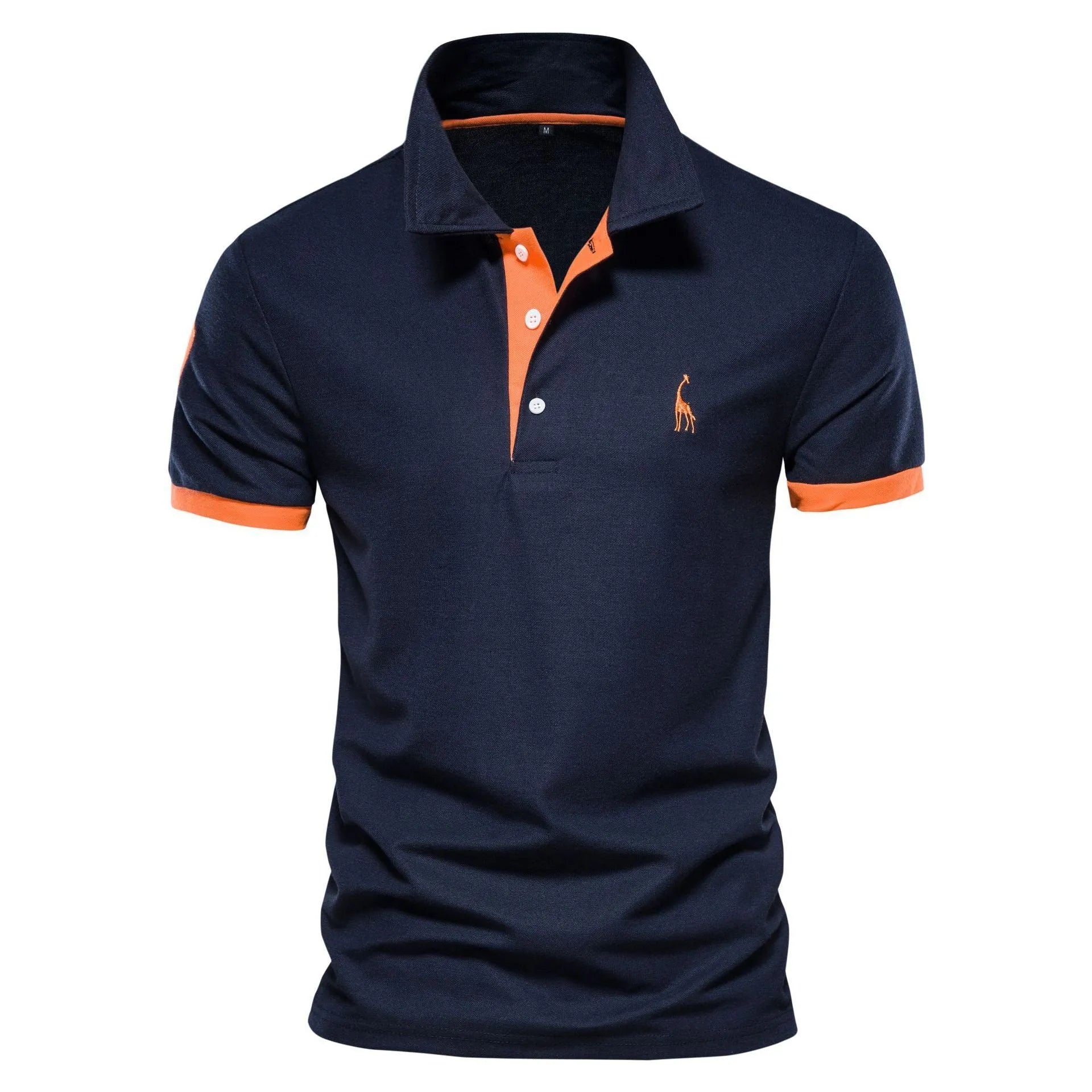 Men's slim fit embroidered short sleeve T-shirt in a cotton blend fabric on a hanger.