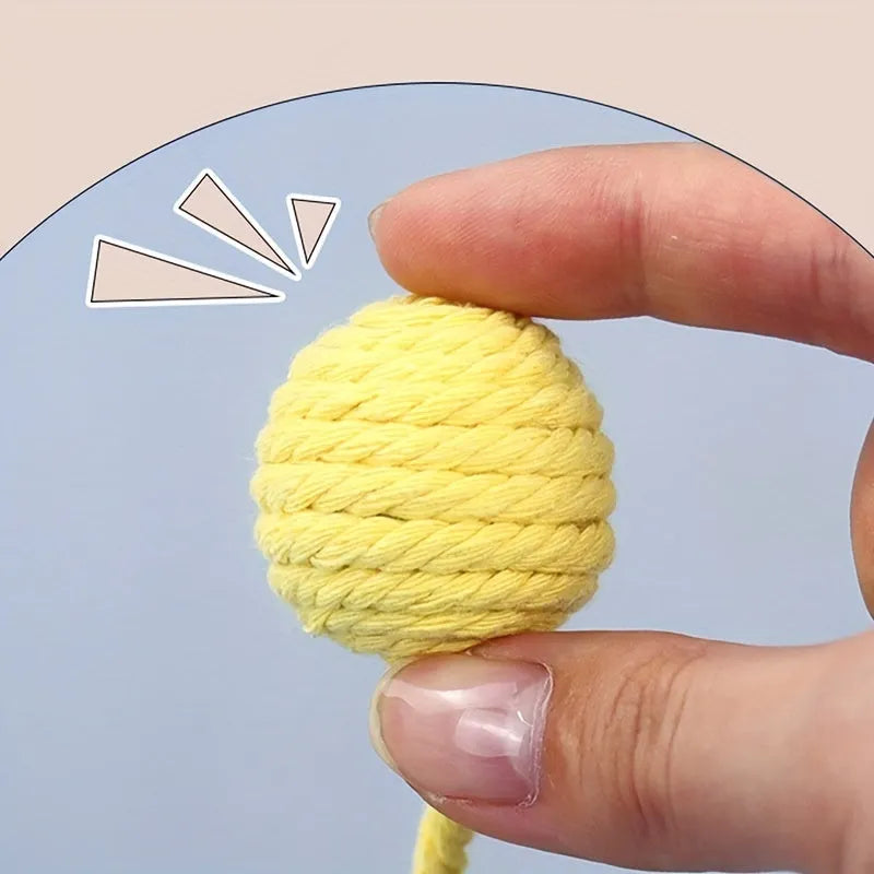 Colourful cat toy ball with an attached rope, shown in green, pink, purple, and yellow.