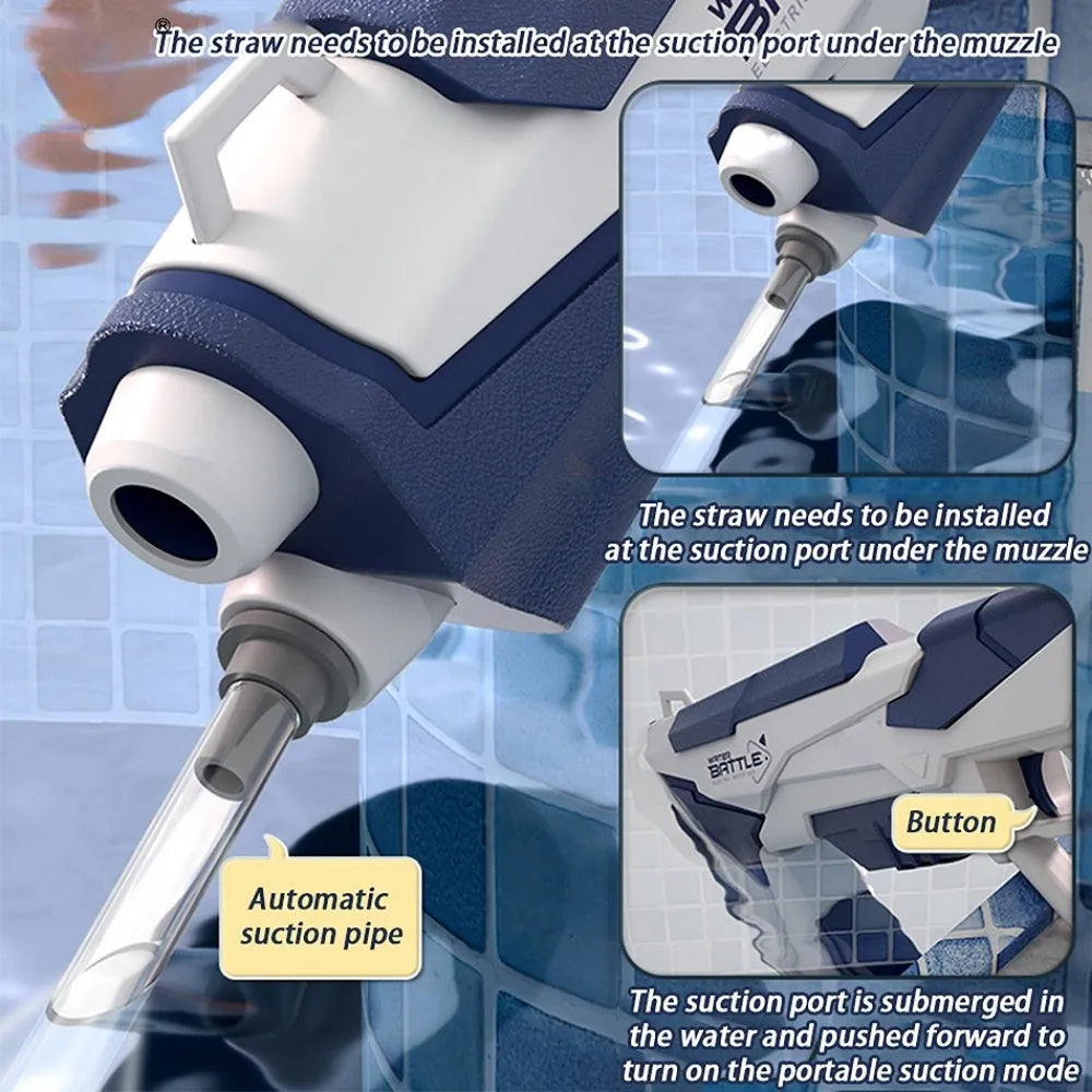 Blue electric water gun toy with USB charging cable on a sandy beach