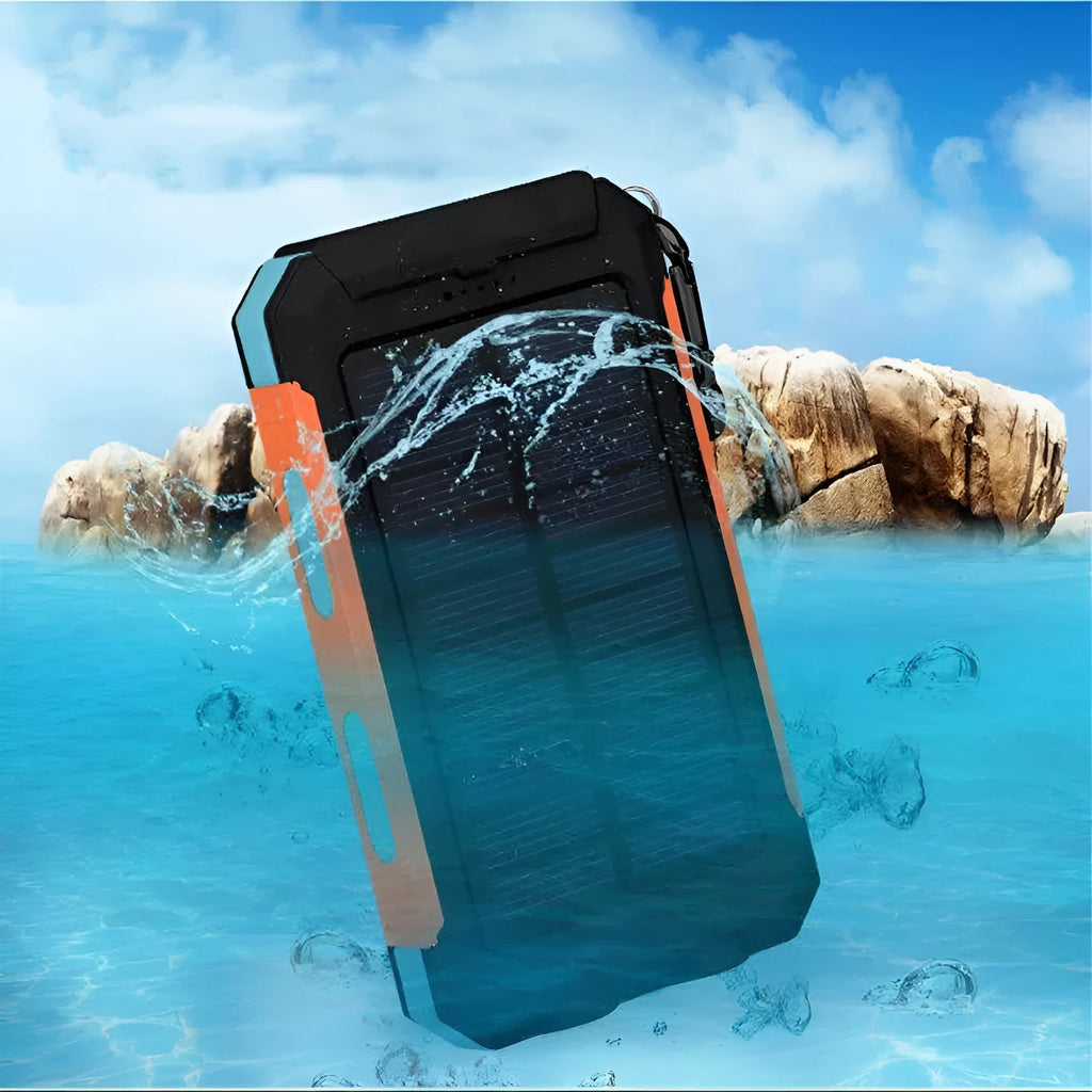 Solar power bank with dual LED headlights and compass display, shown in black colour.
