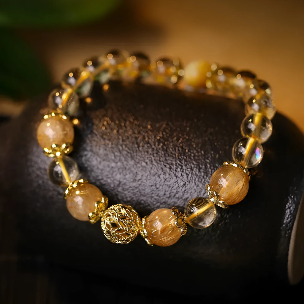 Women's retro citrine lucky bracelet in artificial crystal with amethyst or yellow gold electroplated finish.
