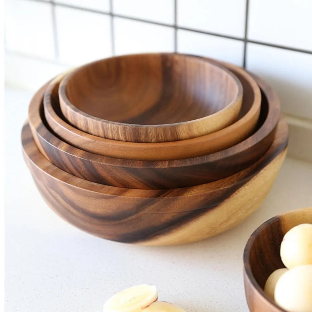 Brown wooden bowl handmade Japanese style with visible wood grain, available in multiple sizes from 8x6cm to 26x8cm.