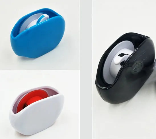 Automatic plastic cable winder retractor showing black, blue, and red units next to a coiled earphone cable.