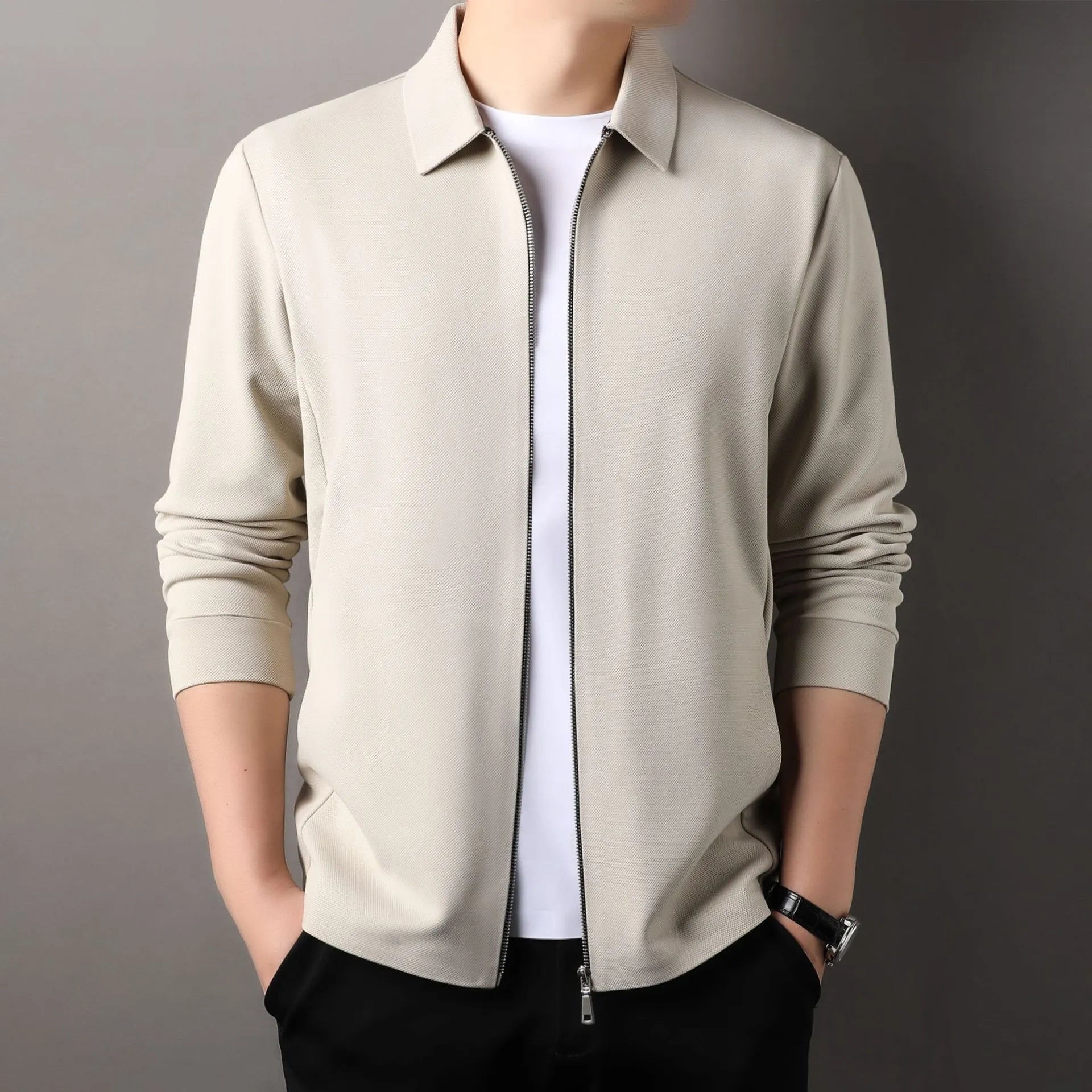 Men's polyester casual business jacket in black, dark grey or apricot with long sleeves