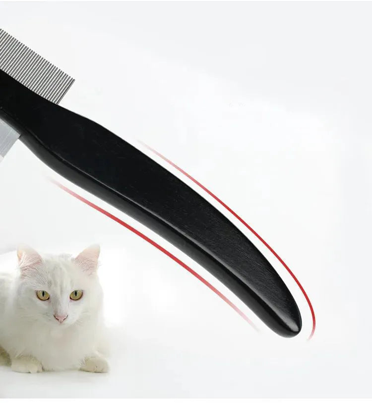Black wood-handled pet grooming comb with double-sided stainless steel teeth for cat and dog grooming
