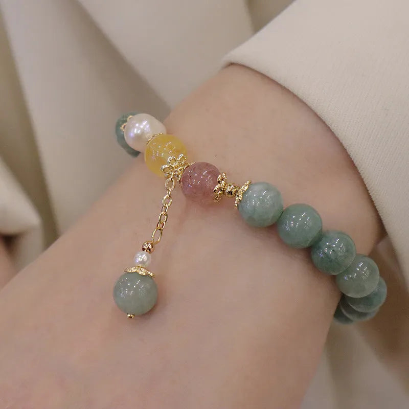 Han style jade beaded bracelet with geometric shapes and pearl accents