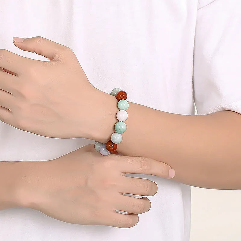 Women's natural Myanmar jade bracelet with three colours in 13mm round beads, national style design
