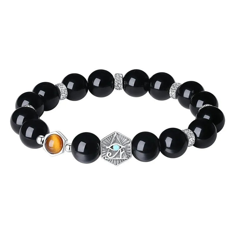 Men's sterling silver bracelet with obsidian god's eye geometric design