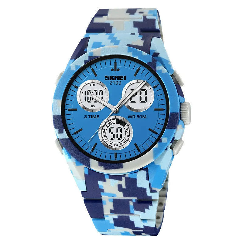 Unisex digital watch with camouflage strap and resin lens, showing time display and stainless steel buttons.