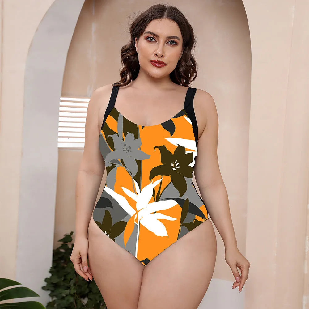 Floral print one-piece swimsuit with spaghetti straps and conservative vest design