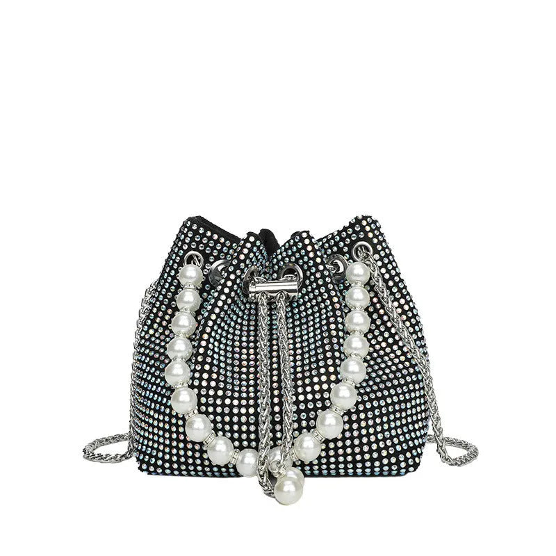 Soft PU leather crossbody bucket bag with diamond decorations and a chain shoulder strap.