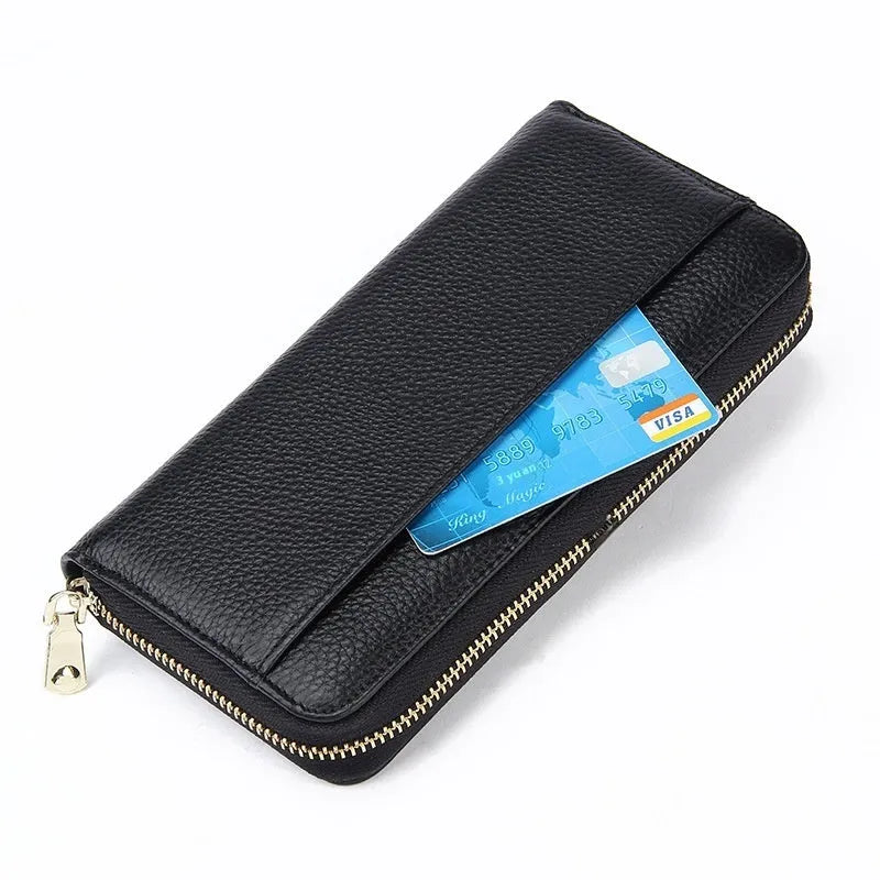 Women's long genuine leather bifold wallet in multiple colours, showing large capacity and card slots.