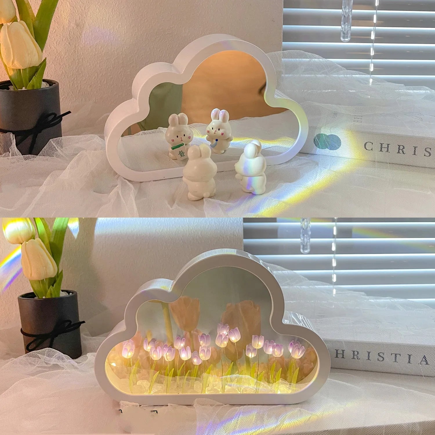 DIY cloud tulip night lamp with decorative mirror and LED light in pink, purple, blue or yellow colours