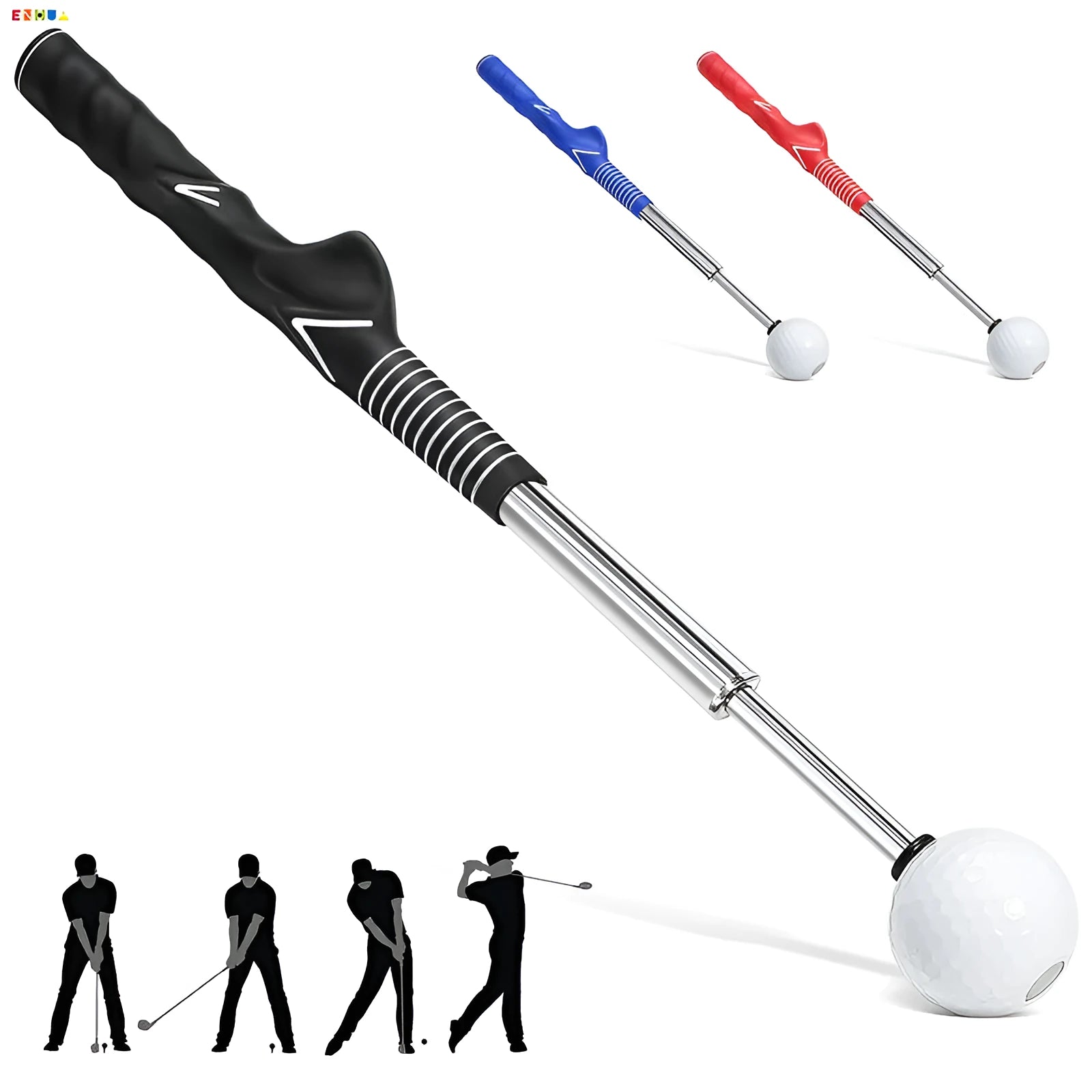 Telescopic stainless steel golf swing trainer simulator on a green background.