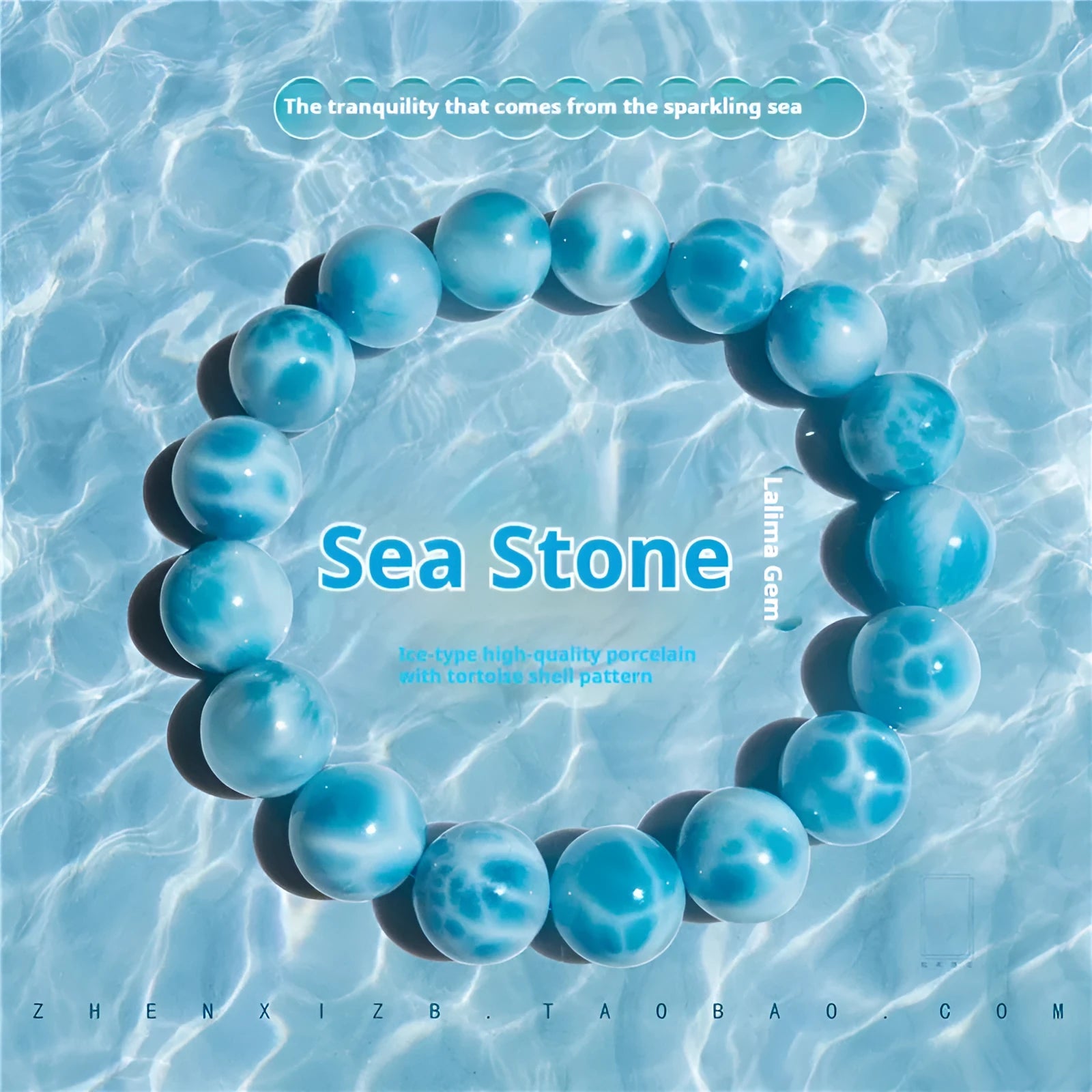 Blue handmade Bodhi bracelet with natural crystal, sea-pattern stone, and pearl in Maillard style.