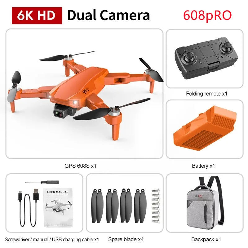 S608 PRO quadcopter in orange with dual cameras, foldable propellers, and GPS module on black background