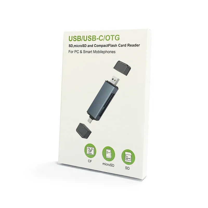 Aluminium CF SD TF three-in-one card reader with USB and TYPE-C connectors