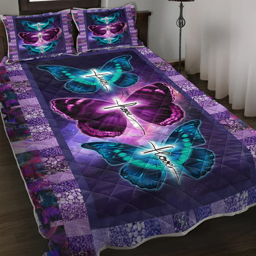 Purple butterfly pet themed microfiber polyester quilt set with matching pillowcases on bed