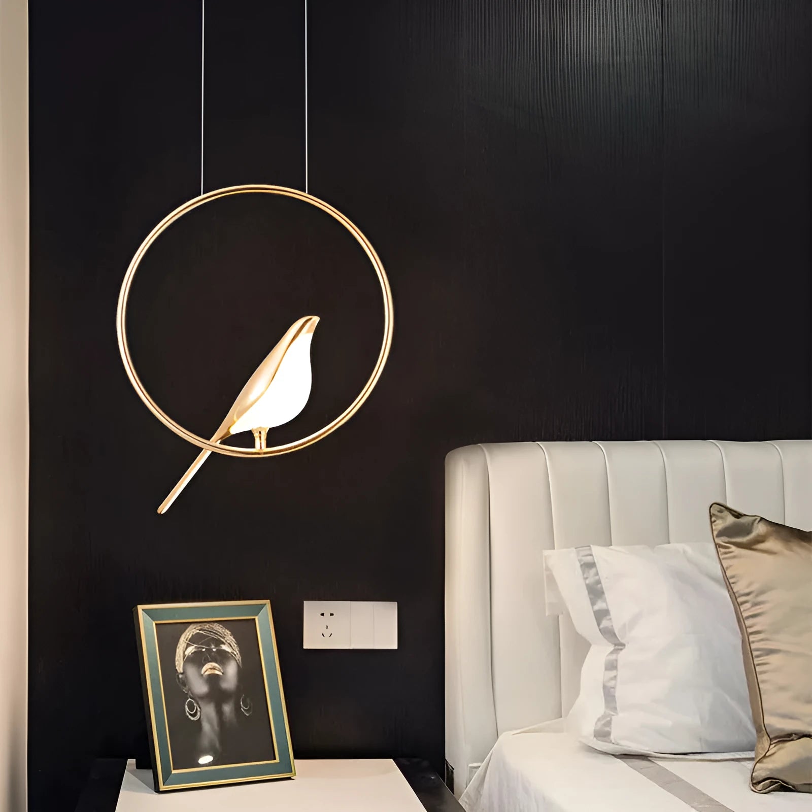 Modern minimalist magpie bird design chandelier with long 150cm drop and single LED light head