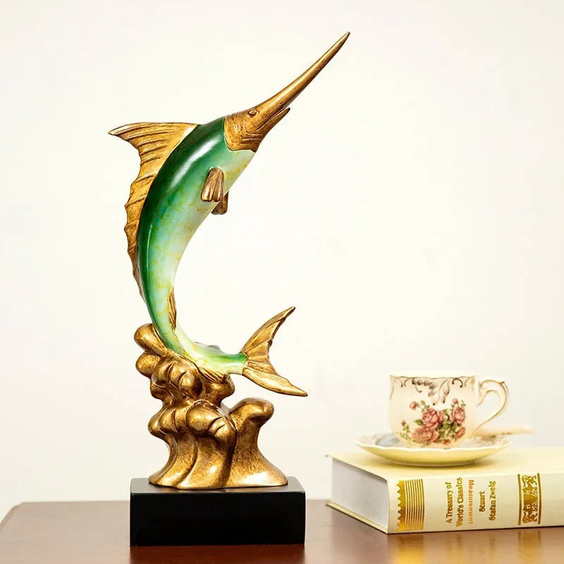 European-style resin swordfish decorative ornament in a choice of four colours on a shelf.
