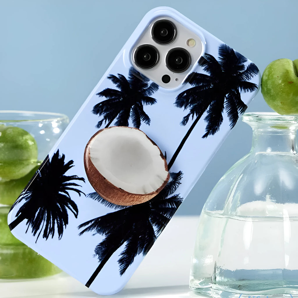 Summer coconut design TPU iPhone case showing bracket combination option for multiple iPhone models