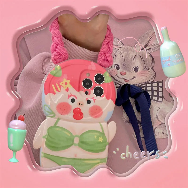 Pink and green silicone iPhone case with a cartoon girl in a swimsuit design.