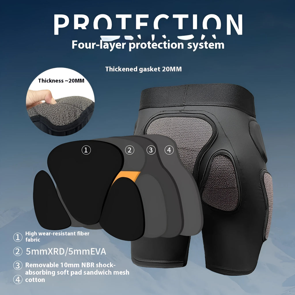 X-ray diffraction skiing protective gear showing slim-design hip pads and multi-protection knee pads.