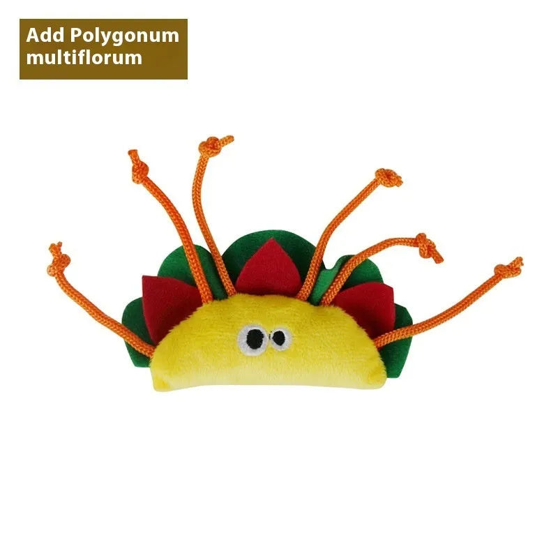 Six polygonum multiflorum catnip chew pillows in food designs including burrito, pizza, and pineapple