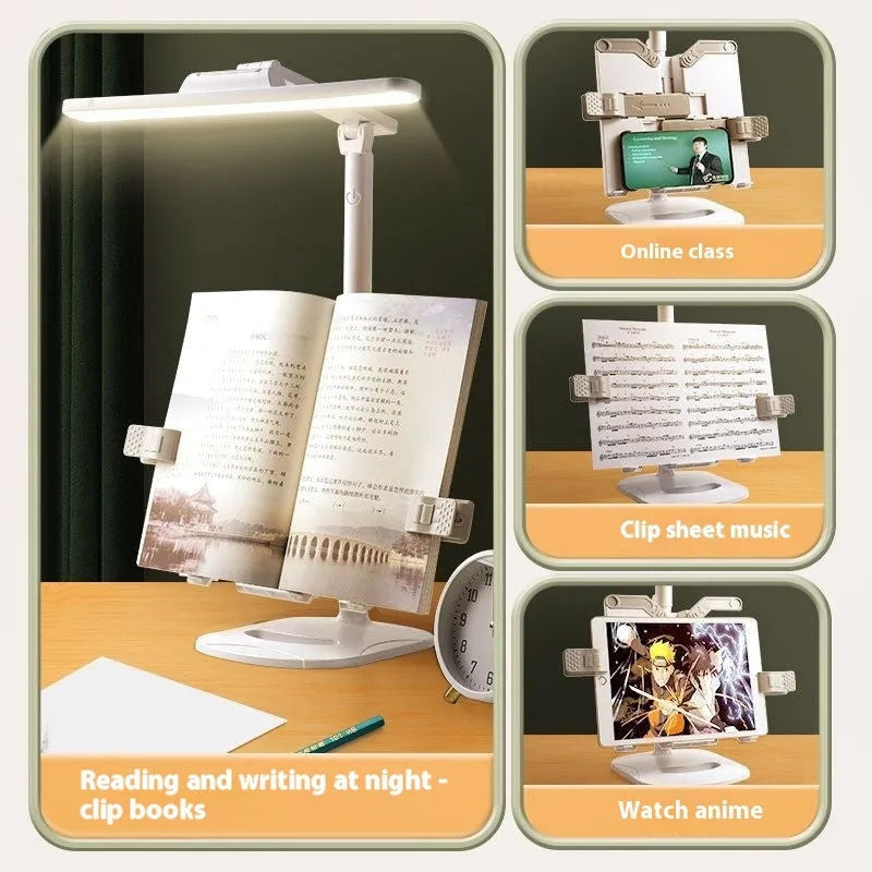 Adjustable black desk lamp with gooseneck arm and clamp, showing three light colour temperature settings.