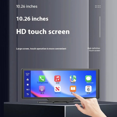 10-inch car touchscreen display showing Apple CarPlay navigation map and live rear camera view for parking.