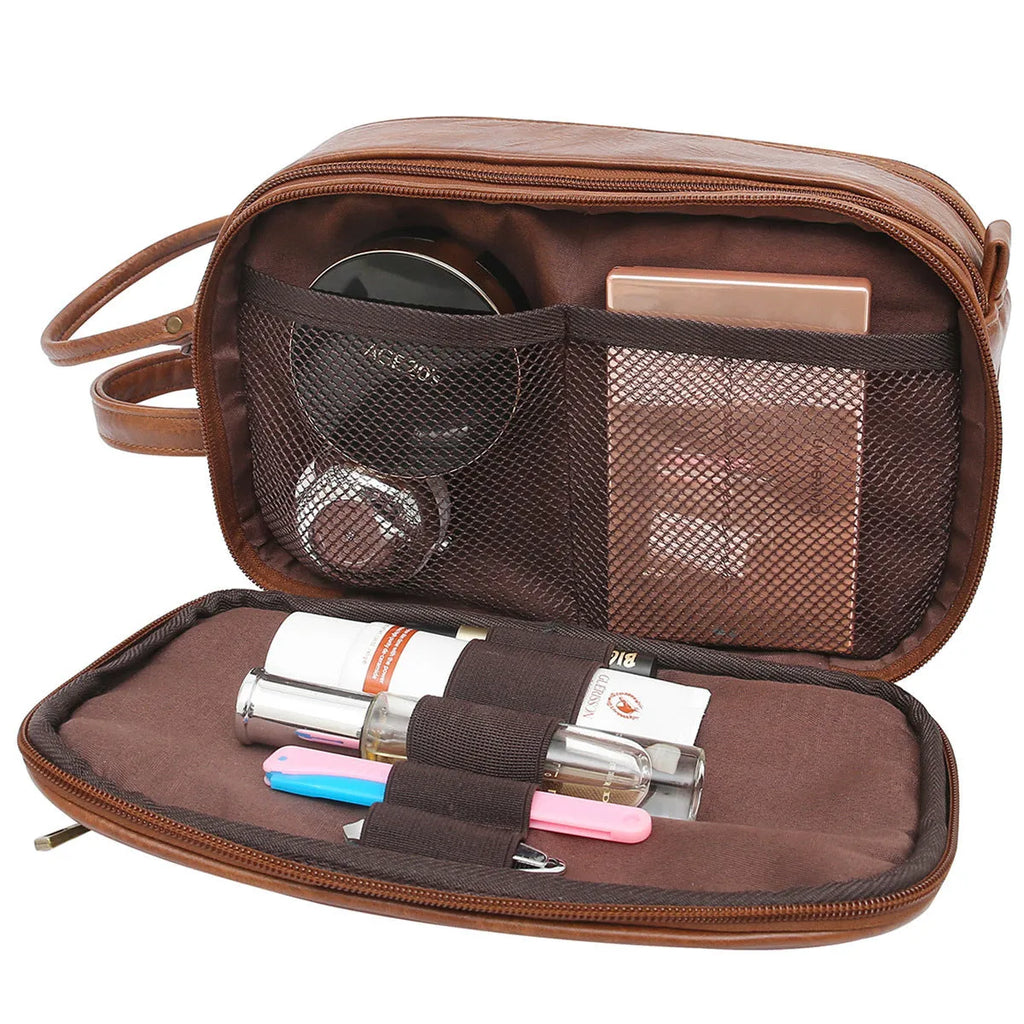 Black and brown solid colour men's PU toiletry travel bag.