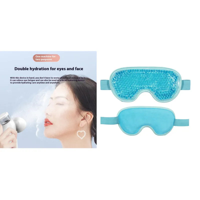 White portable rechargeable hot cold compress eye mask with USB cable and accessories.