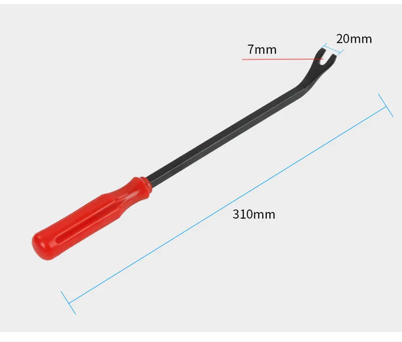 Red-handled steel pliers for automotive door panel clip fastening on GM vehicles.