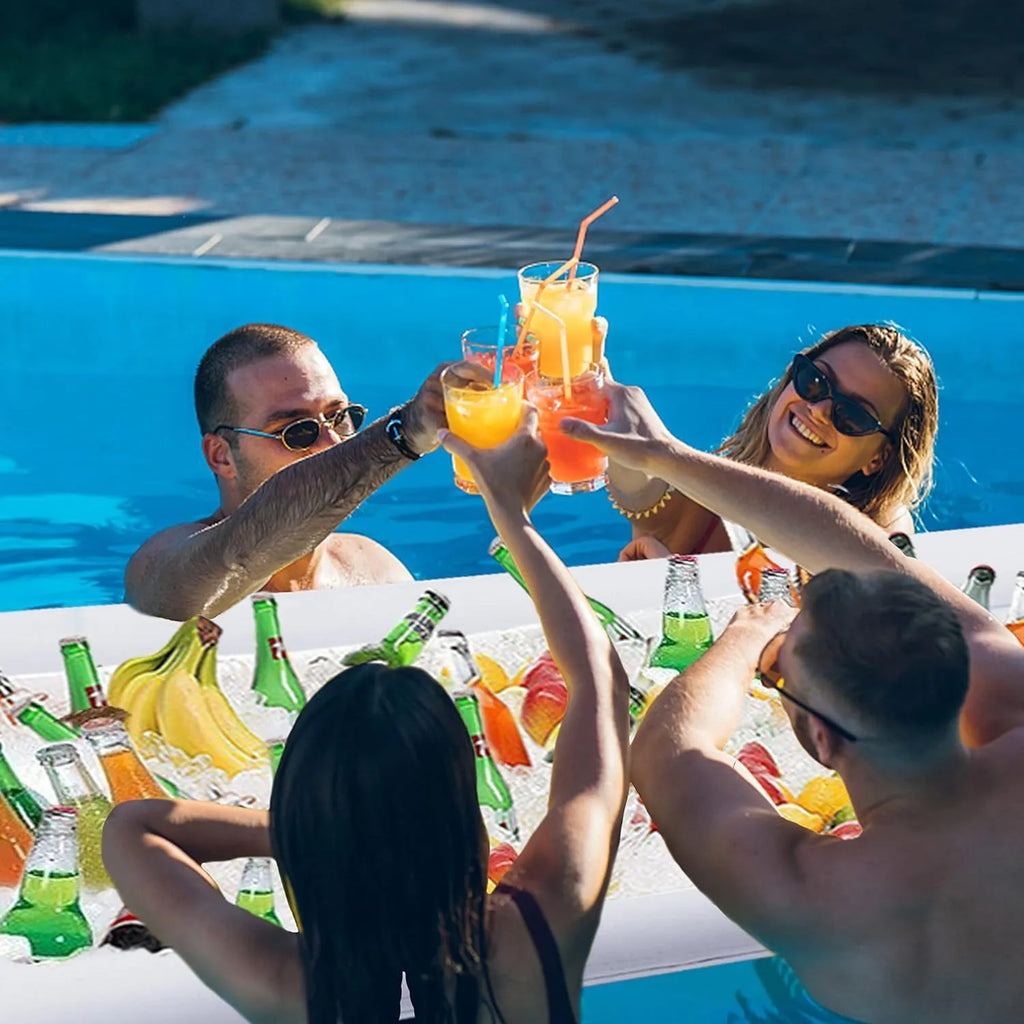 Inflatable PVC ice bar for parties shown in two sizes with optional silver grey cup holder and yellow ice bucket accessories.